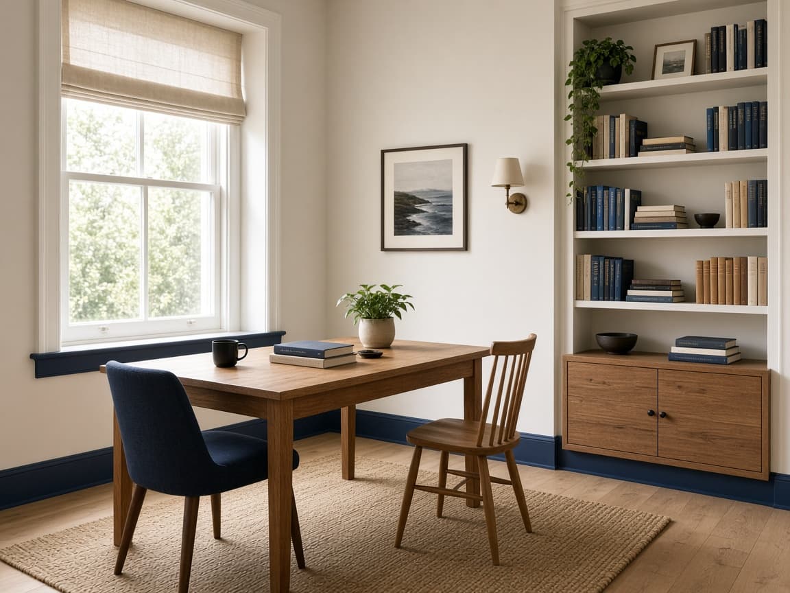 A quiet study room with a wooden desk and two chairs beside a large window, set up for one-to-one tuition.